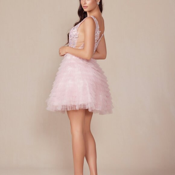 Sequin Plunged Neckline Tiered Ruffle Short Dress Homecoming - Picture 2 of 3